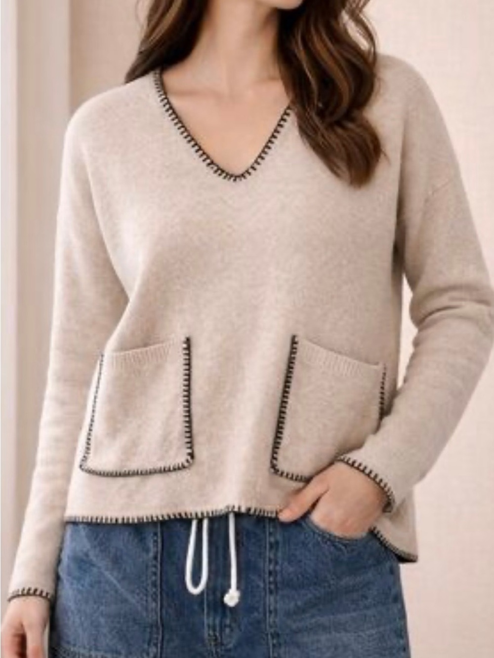 NWT Christian Lacroix V-Neck Stitch-Trim Pullover Sweater - Beige